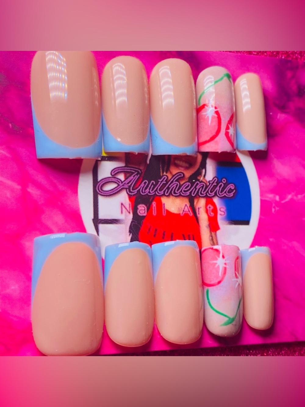 Dia Nails Nude & Sky Blue French Tips with Pink Cherry Accent Press-On Set
